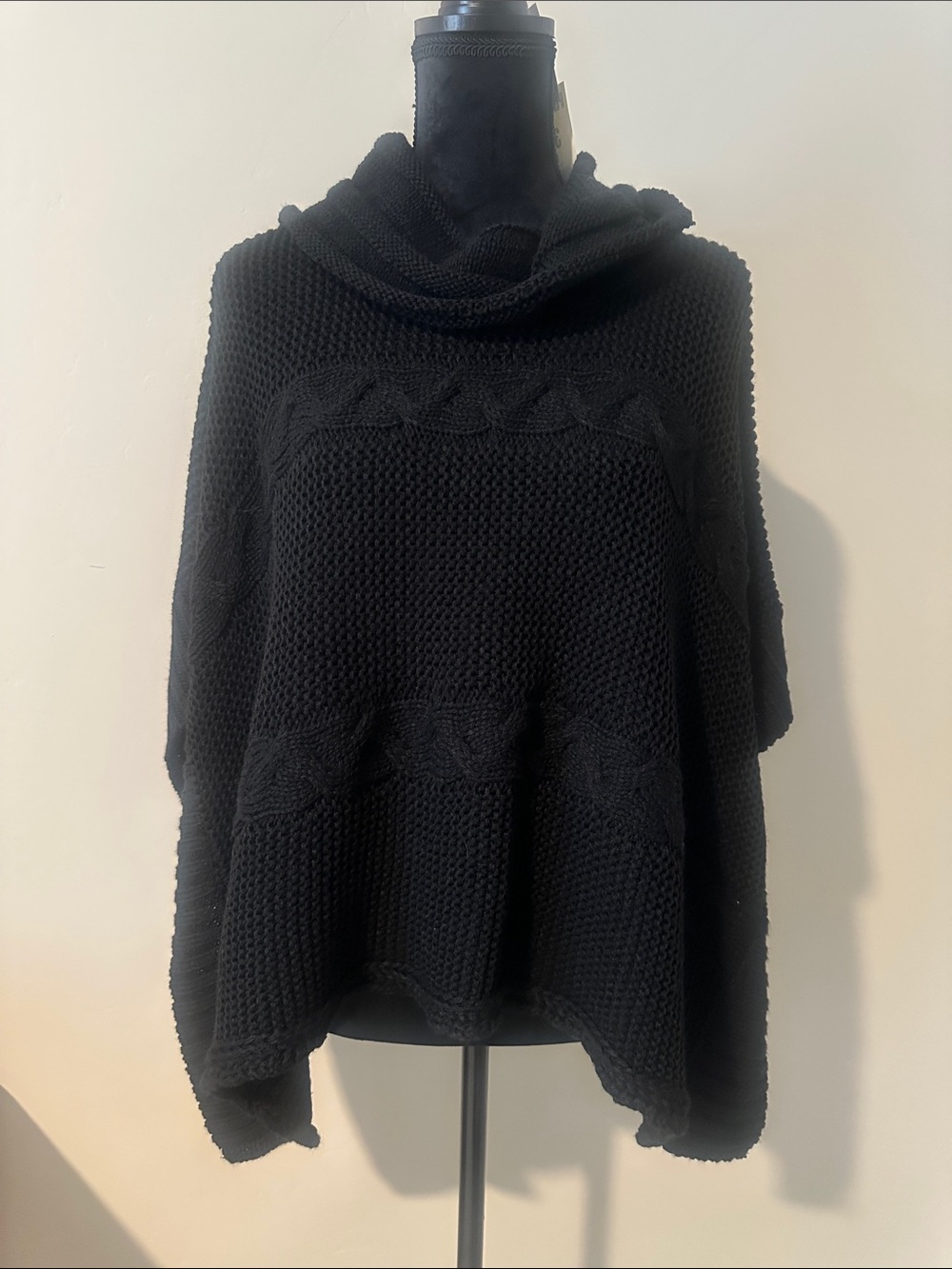 Say What? Black Cable-Knit Cowl Neck Poncho Sweater